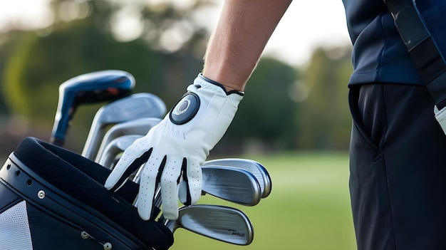 Closeup of Golfer s Hand in Golf Glove Reaching for Golf Clubs in Bag