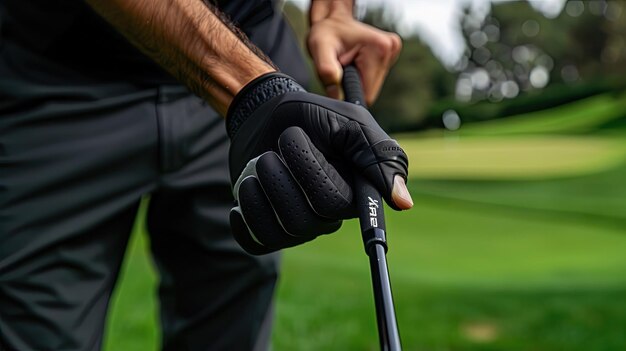 Photo closeup of golfers hands holding a golf club green golf course in the background generative by ai