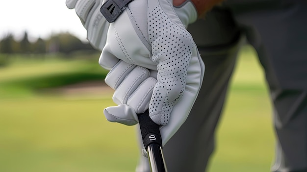 Photo closeup of golfers hands holding a golf club green golf course in the background generative by ai