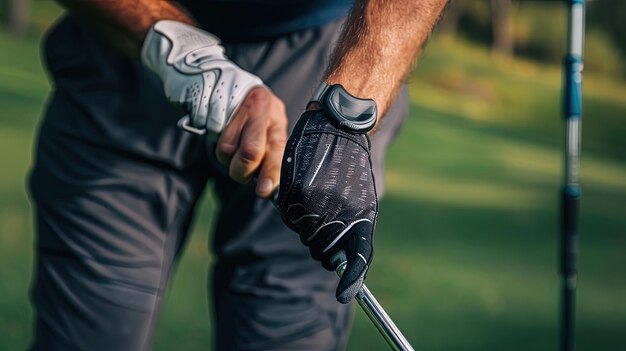 Photo closeup of golfers hands holding a golf club green golf course in the background generative by ai