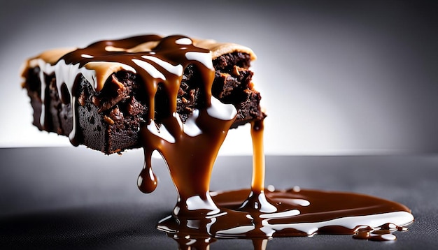 Closeup of a gooey caramel brownie with caramel sauce dripping down the sides