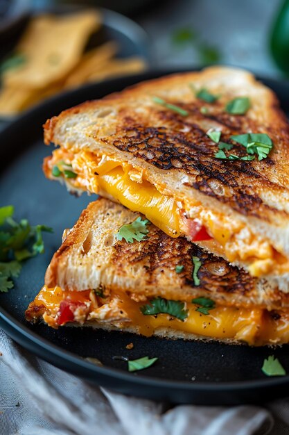 Closeup of a gooey cheesy grilled chicken sandwich with cilantro garnish