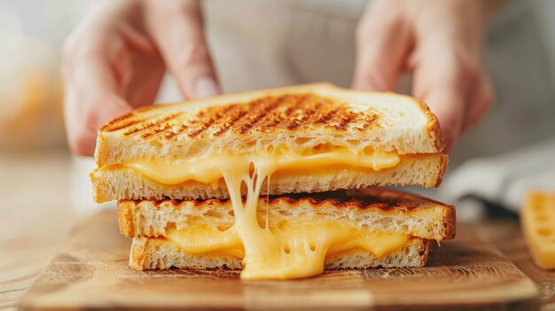 Photo closeup of gooey grilled cheese sandwich with melting cheese in rustic setting