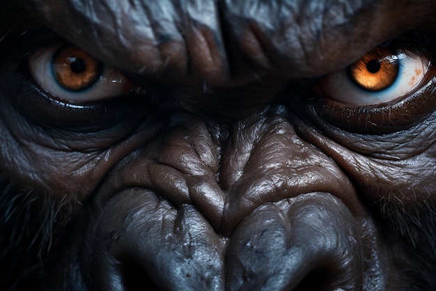 Photo closeup of a gorilla staring aggressively at the camera