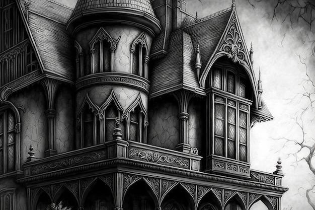 Closeup of gothic house pencil sketch with intricate details and textures visible