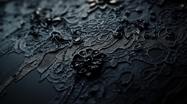 A closeup of a gothicinspired design with intricate black lace patterns dark textures and a shadowy mysterious ambiance