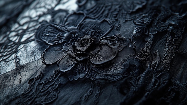 A closeup of a gothicinspired design with intricate black lace patterns dark textures and a shadowy mysterious ambiance