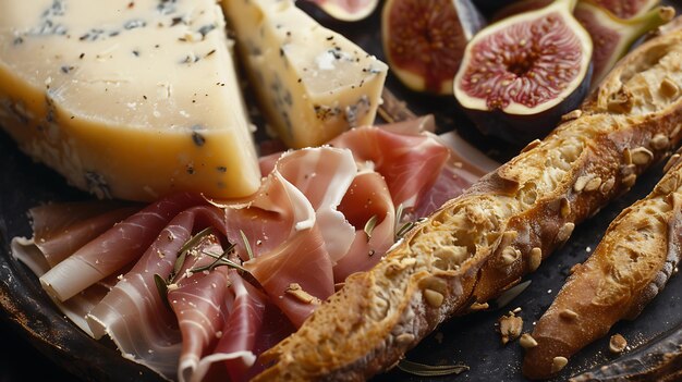 Photo closeup of a gourmet appetizer with prosciutto blue cheese figs and bread