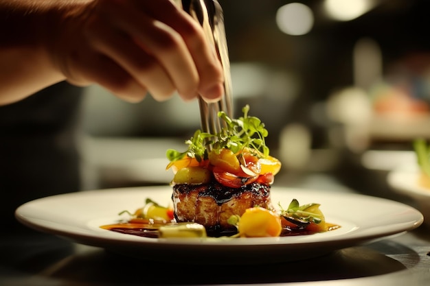 Photo closeup of a gourmet food item being plated by a chef in a professional kitchen studio artistic and