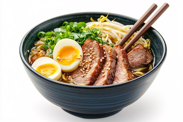 CloseUp of Gourmet Ramen Bowl with Pork Belly and SoftBoiled Egg