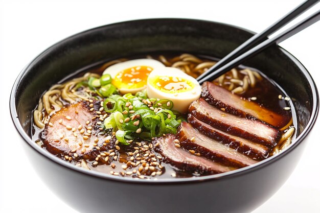 Photo closeup of gourmet ramen bowl with pork belly and softboiled egg