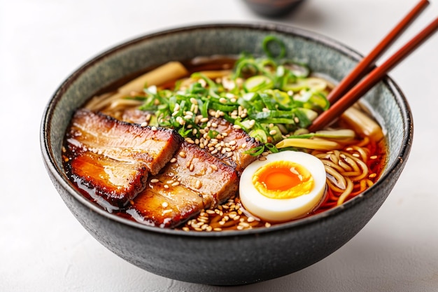 Photo closeup of gourmet ramen bowl with pork belly and softboiled egg