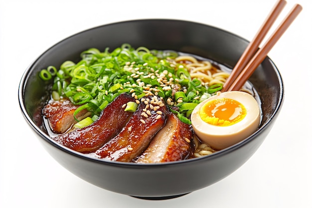 CloseUp of Gourmet Ramen Bowl with Pork Belly and SoftBoiled Egg