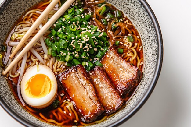 Photo closeup of gourmet ramen bowl with pork belly and softboiled egg