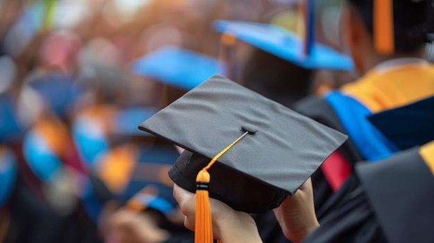 Closeup of a graduates hand holding a mortarboard a symbol of academic success and commencement