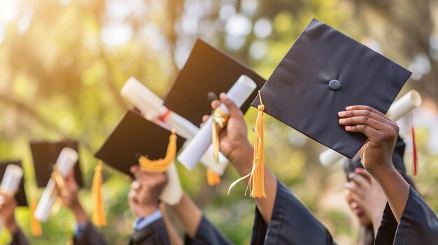 Closeup of Graduates hands holding mortarboard and diploma on graduation day