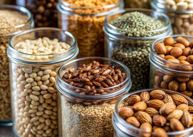 Photo closeup of grains nuts and seeds in bulk food section