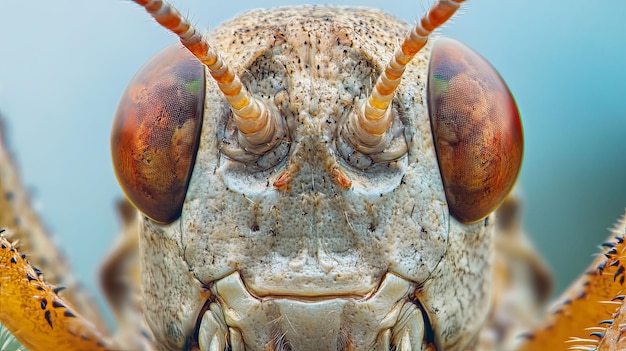 Photo closeup of a grasshopper39s face with large compound eyes