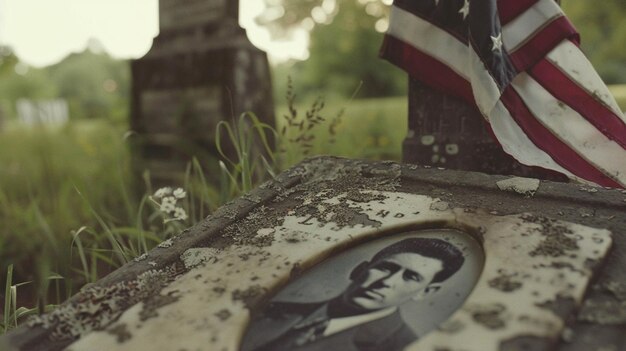 A closeup of a gravestone featuring a small faded photograph of a soldier beside a neatly folded American flag