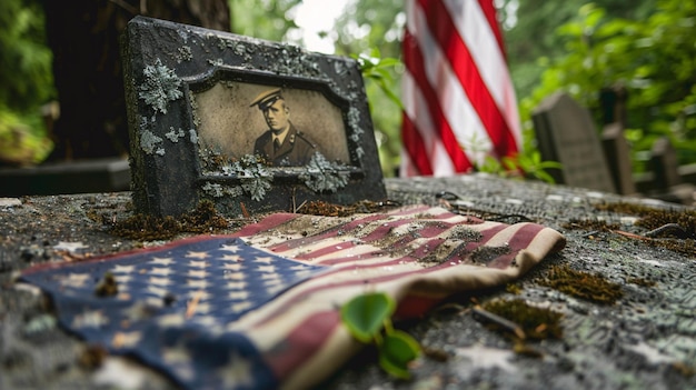 Photo a closeup of a gravestone featuring a small faded photograph of a soldier beside a neatly folded american flag