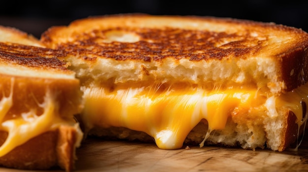 Closeup of a greasy and cheesy grilled cheese sandwich with goldenbrown crust