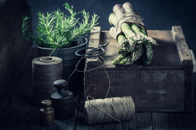 Closeup of green asparagus on a wooden box