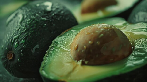 Photo closeup of green avocados sliced open to reveal the creamy interior emphasizing freshness and health