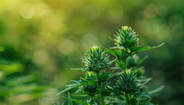 Photo closeup of green cannabis plants growing under soft sunlight in a lush garden setting