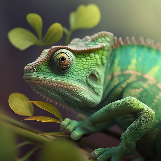 Closeup of a green chameleon Generative Ai