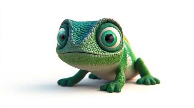 Closeup of a Green Chameleon with Wide Eyes Focused Look and Textured Skin on White Background