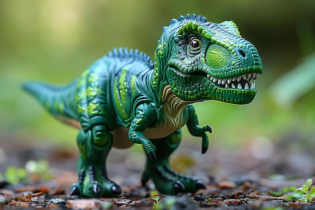 Closeup of a green dinosaur toy standing on the ground