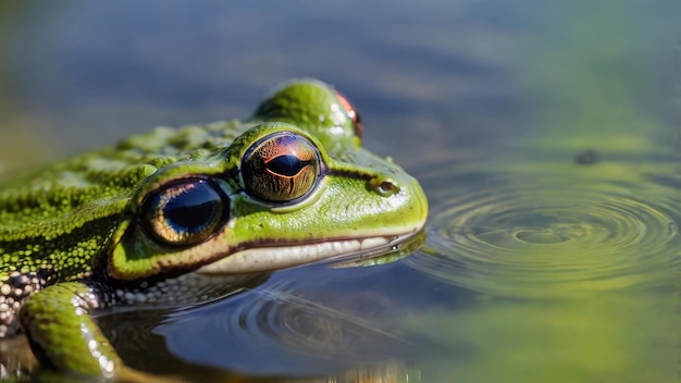 A closeup of a green frog resting in water showcasing its vibrant colors and reflections