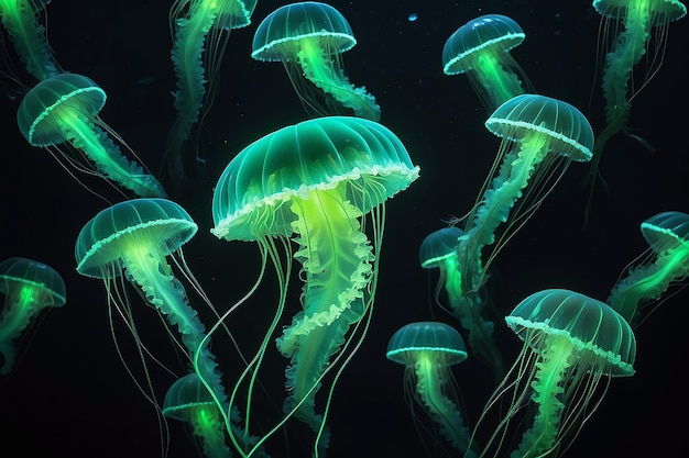 Closeup of green glowing fluorescent jellyfish in dark water packed into a tight group