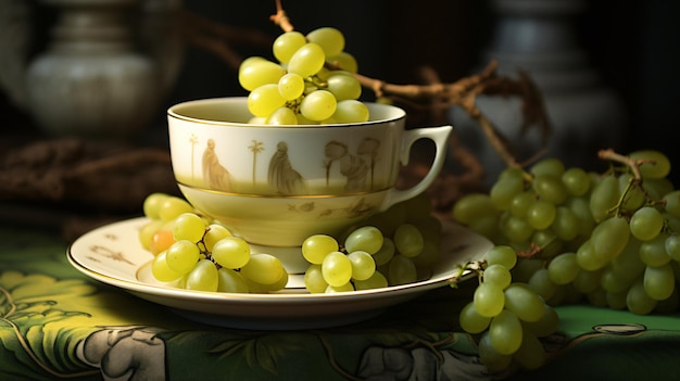 Closeup of green grapes in a teacup