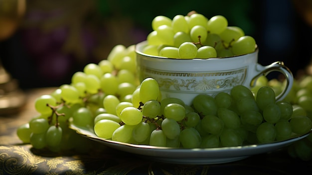 Closeup of green grapes in a teacup