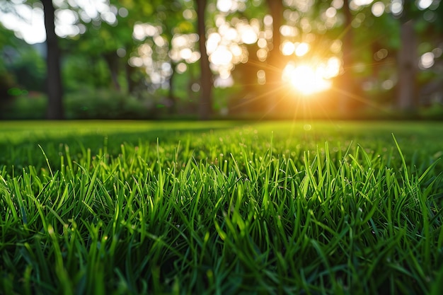 A closeup of the green grass on an empty lawn at sunset with sunlight shining through the trees in