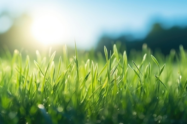 Closeup Green grass on a meadow in sunlight