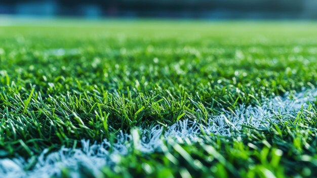 Photo closeup of green grass on a soccer field with white line markings in the background