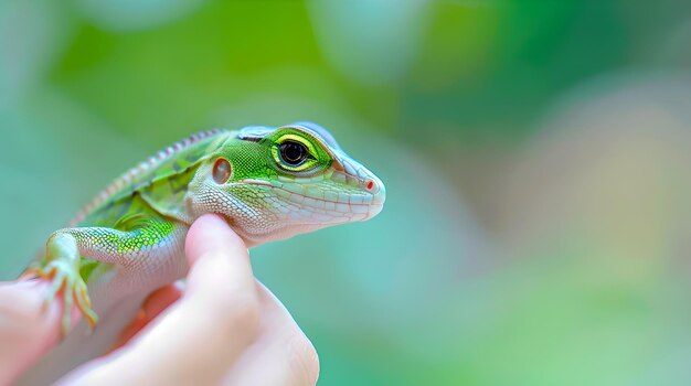 Closeup of a Green Iguana Held In Human Hand Vivid Nature Background Perfect for Educational Content Captured in a Tropical Setting AI