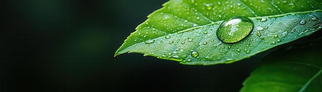 A closeup of a green leaf adorned with droplets of water showcasing nature39s beauty and freshness in vivid detail