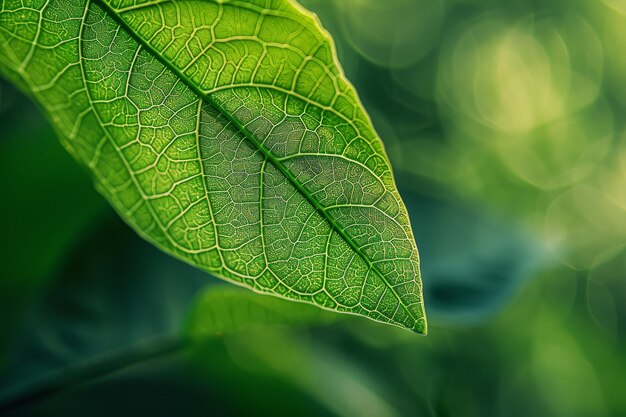 Photo closeup of green leaf with bright light