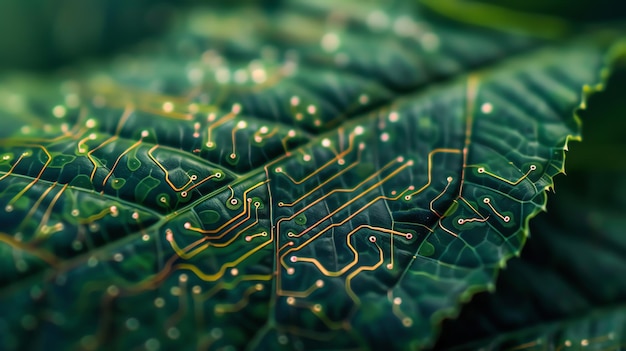 Photo closeup of a green leaf with intricate circuit board patterns representing the connection between nature and technology