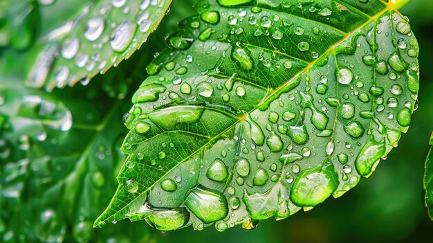 Closeup of green leaf with water droplets highlighting its texture after rainfall