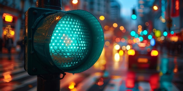 Closeup of a green light at a traffic light blurred background of an intersection in the evening city