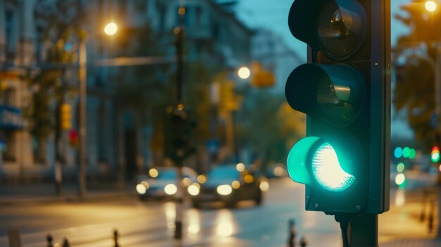 Closeup of a green light at a traffic light blurred background of an intersection in the evening city