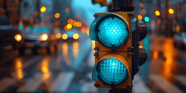 Closeup of a green light at a traffic light blurred background of an intersection in the evening city