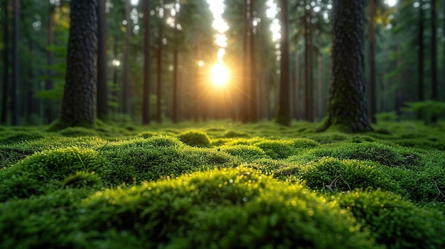 Closeup of green moss covering stone in forest and beautiful warm sunlight in the morning