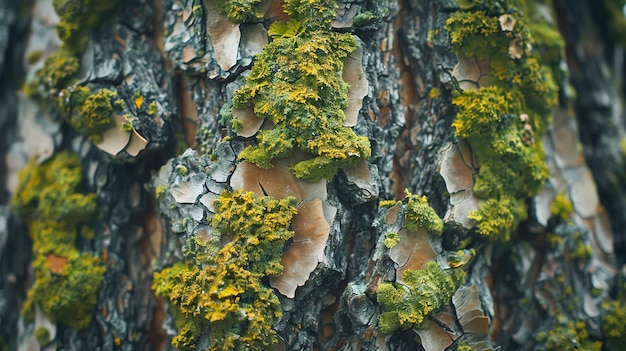 Photo closeup of green moss growing on tree bark natural texture