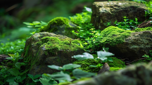 closeup of green moss on rocks