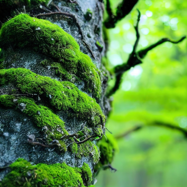 Closeup of green moss on tree trunk bark